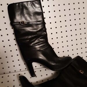 Nina black leather mid calf boots with strap and buckle Women's Size 6.5M